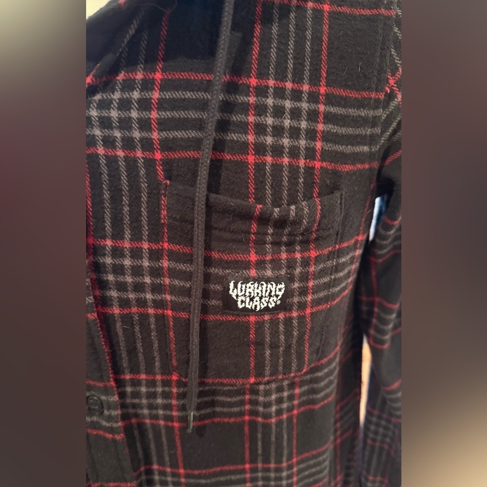 Lurking Class Hooded Flannel Shirt Black Red Plaid Button Up Streetwear Small